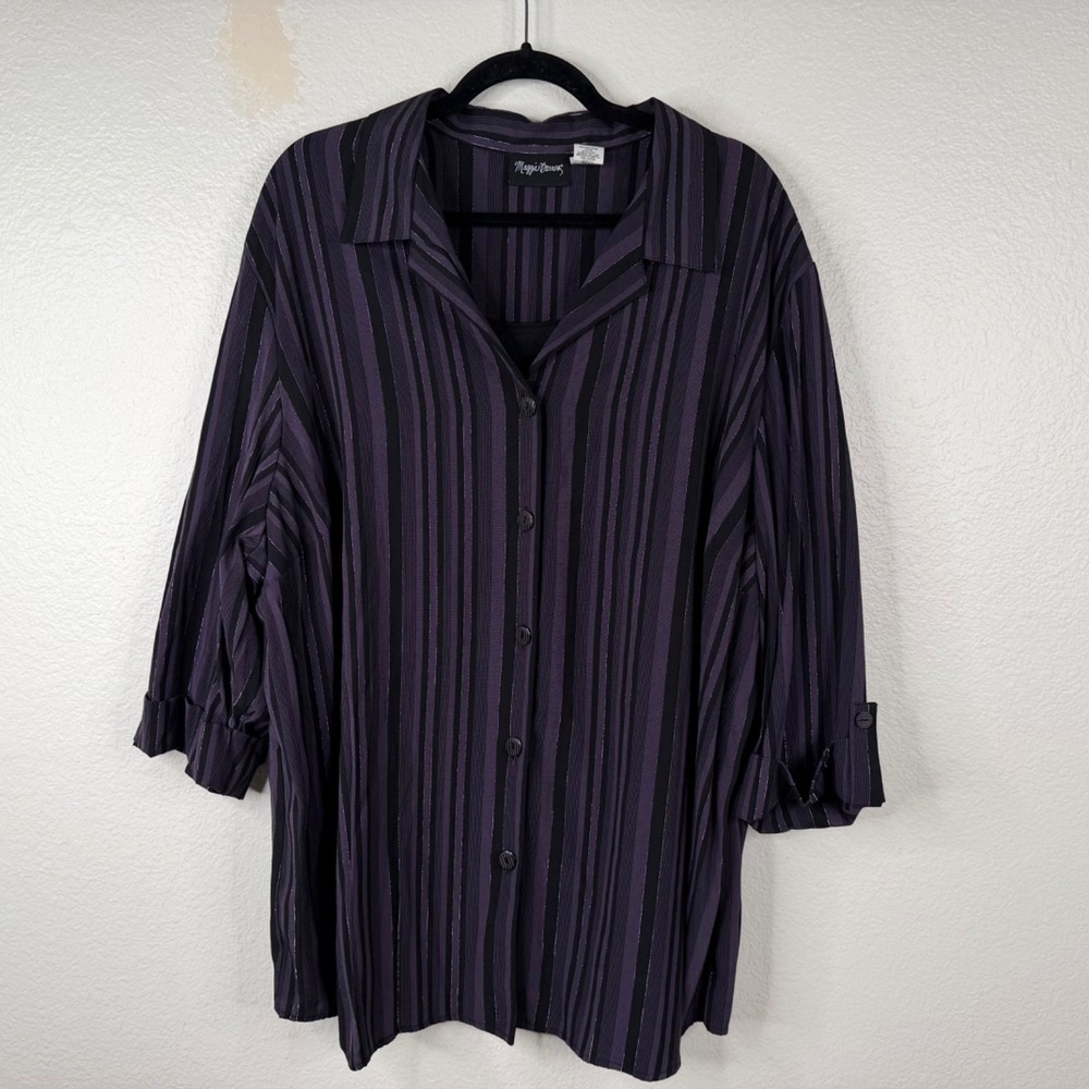 Maggie Barnes Women's Top Purple Sz 3X Tunic Button Up Attached Tank Striped